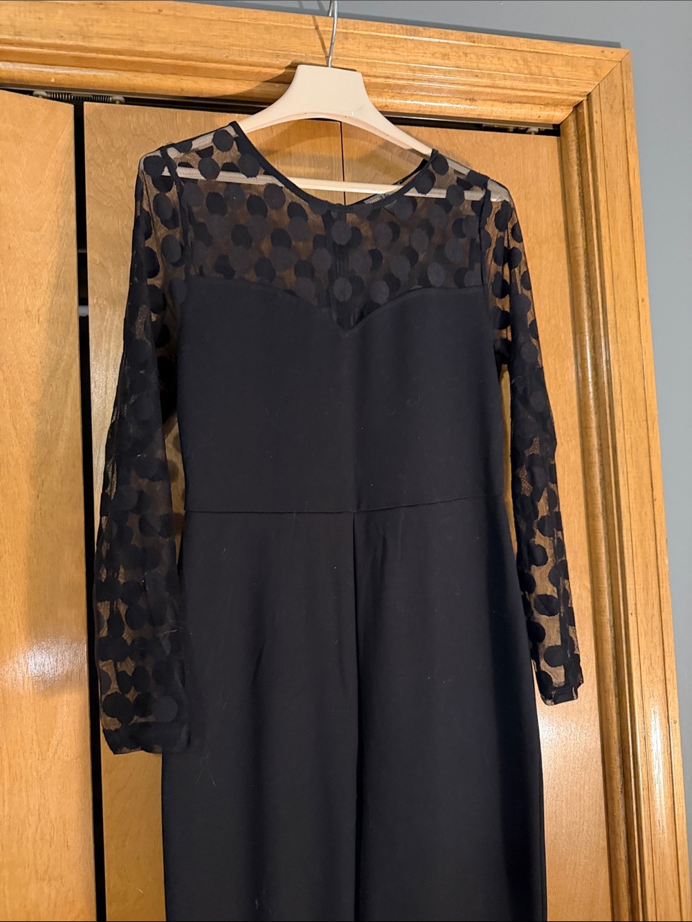 Love By Design Black Long-Sleeve Polka Dot Mesh Jumpsuit
